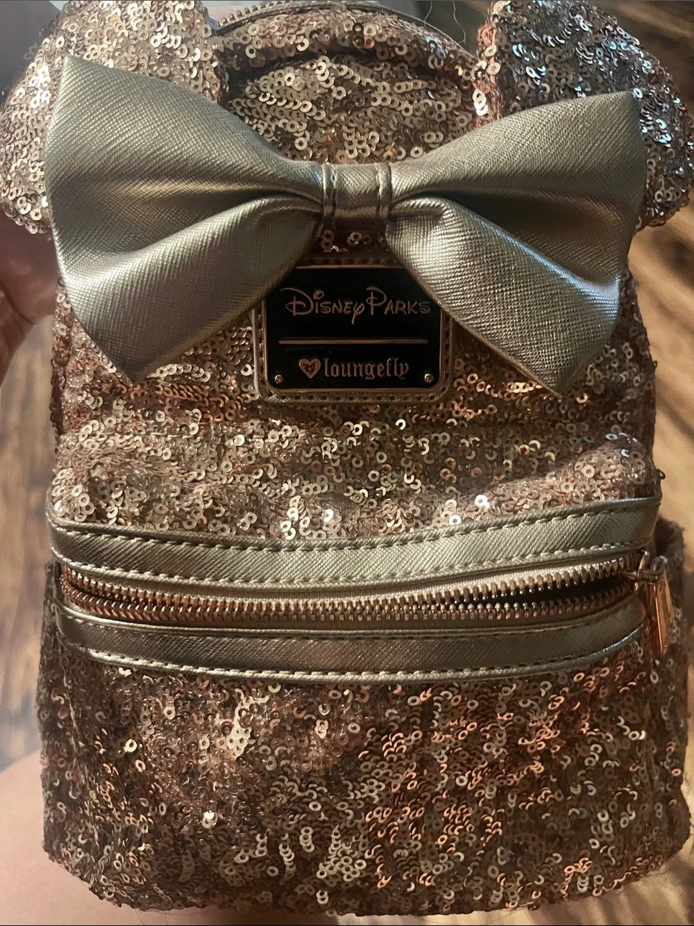 Loungefly Rose Gold Sequin Mini Backpack with Metallic Bow
